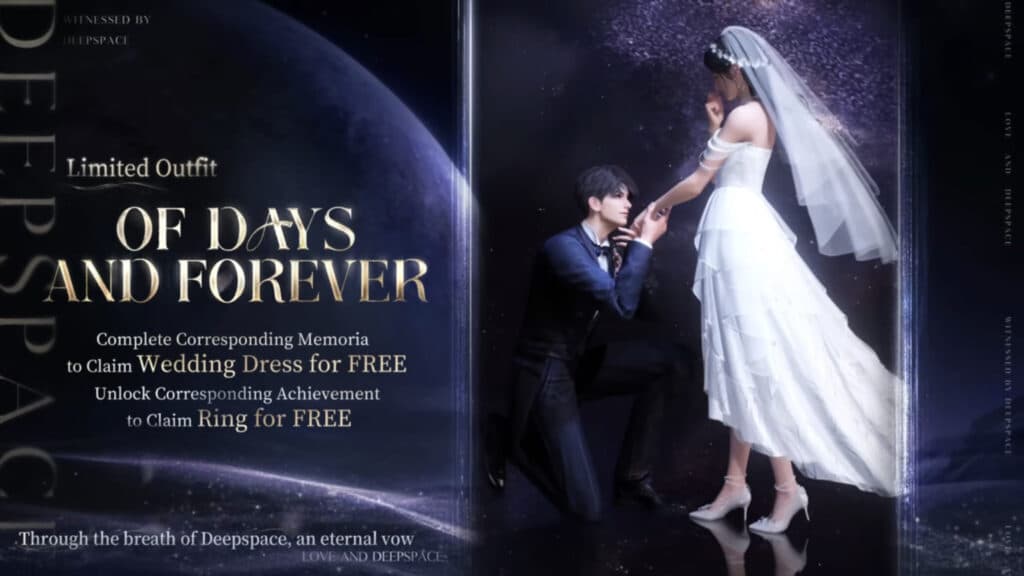 The Love and Deepspace: Witnessed by Deepspace event lets players claim a free wedding dress and ring (Image via InFold Pte. Ltd.)
