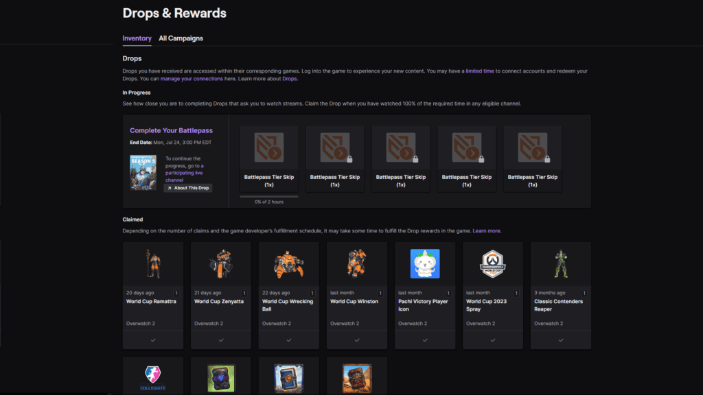 Inventory page for Twitch drops (Image via Twitch)