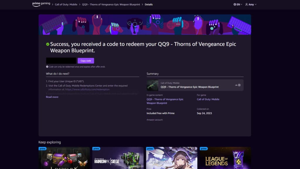 Redeeming the item (Image via Prime Gaming)