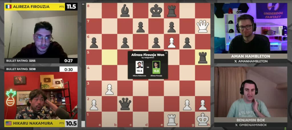 The winning moment for Alireza Firouzja in the 2024 Bullet Chess Championship.