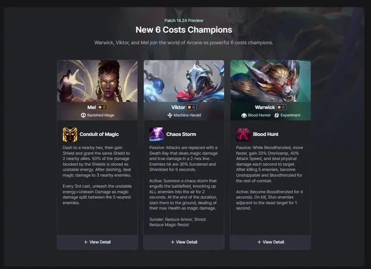 Mel, Viktor, and Warwick from Arcane Season 2 comes as 6-cost units in TFT Set 13 Patch 14.24, December 11 (image via Teamfight Tactics)