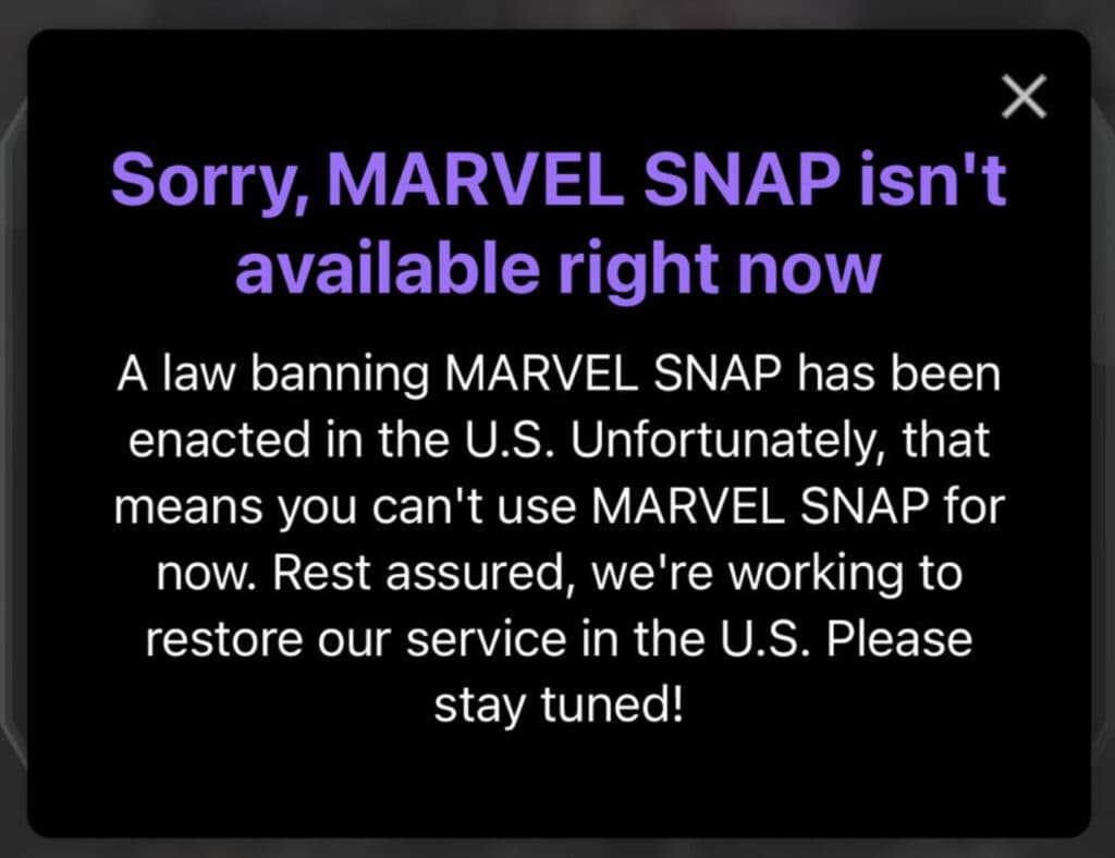 Marvel Snap users in the U.S. were met with this message. (Image via <a href="https://x.com/Wario64/status/1880842691615080529/photo/1">@Wario64 on X/Twitter</a>)