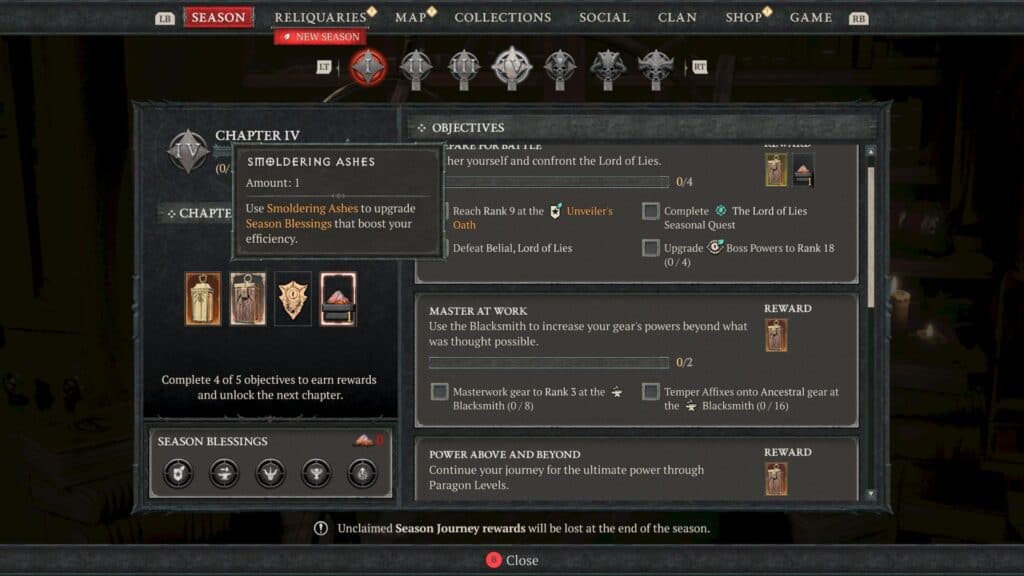 Complete Chapter Objectives to earn Smoldering Ashes (Screenshot via esports.gg)