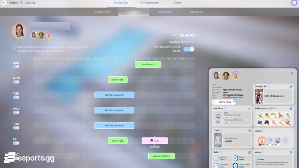 Your Zoi's schedule with events, job time, and more (Screenshot by esports.gg)