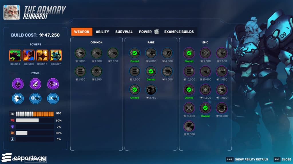 Reinhardt tank build in the Stadium game mode (Screenshot by esports.gg)