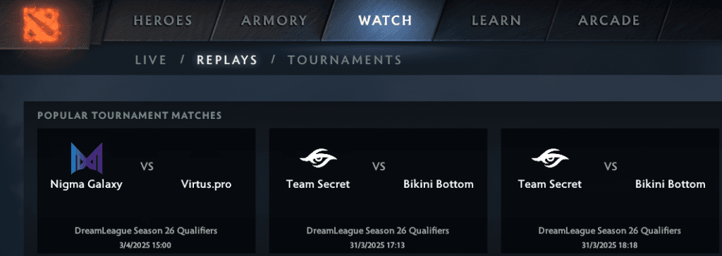 Dota 2 Replays and Live games (Image via esports.gg)