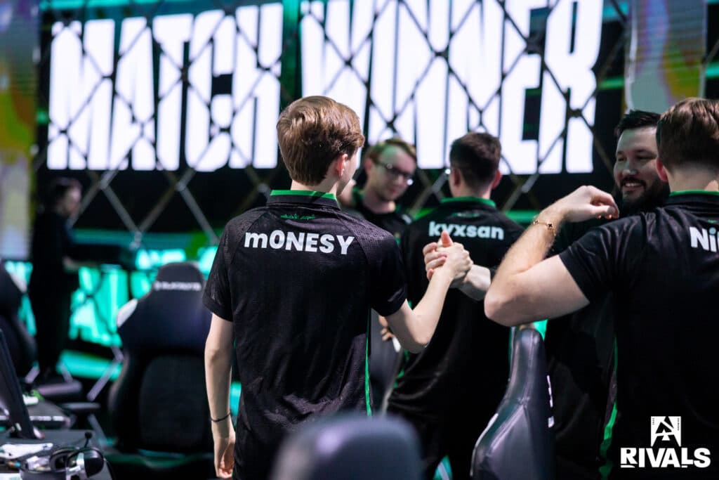 m0NESY and Team Spirit celebrate a win over FaZe Clan at BLAST Rivals Spring 2025 (Photo via BLAST)