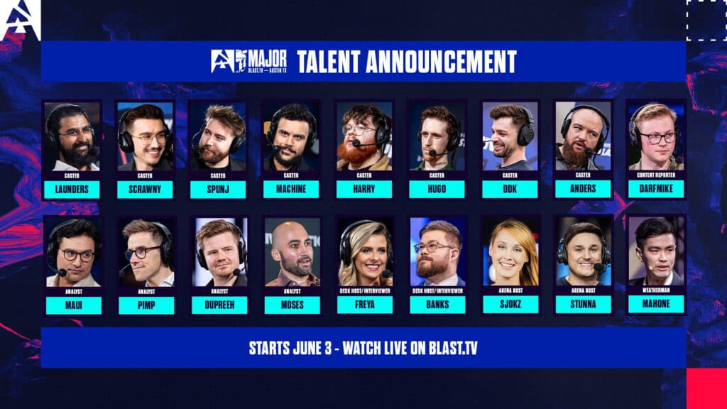 A star-studded cast bringing the Austin Major to your screens at home. (Image via BLAST)