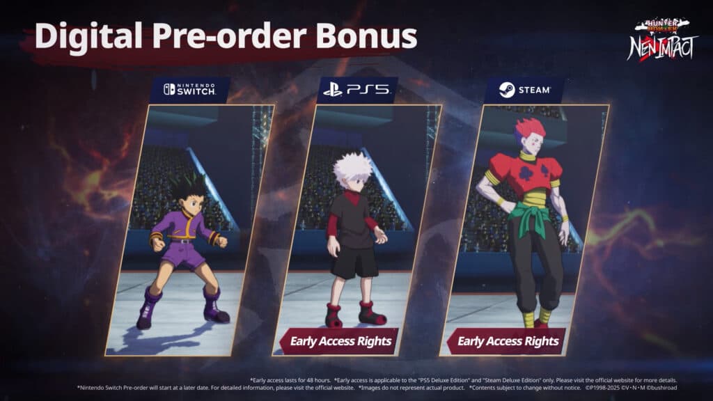 Pre-order bonuses for Hunter x Hunter Nen x Impact on different platforms (image via Arc System Works)