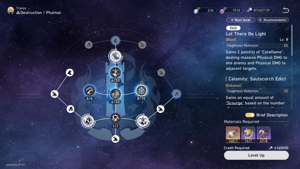 Phainon Trace build (Screenshot via esports.gg)