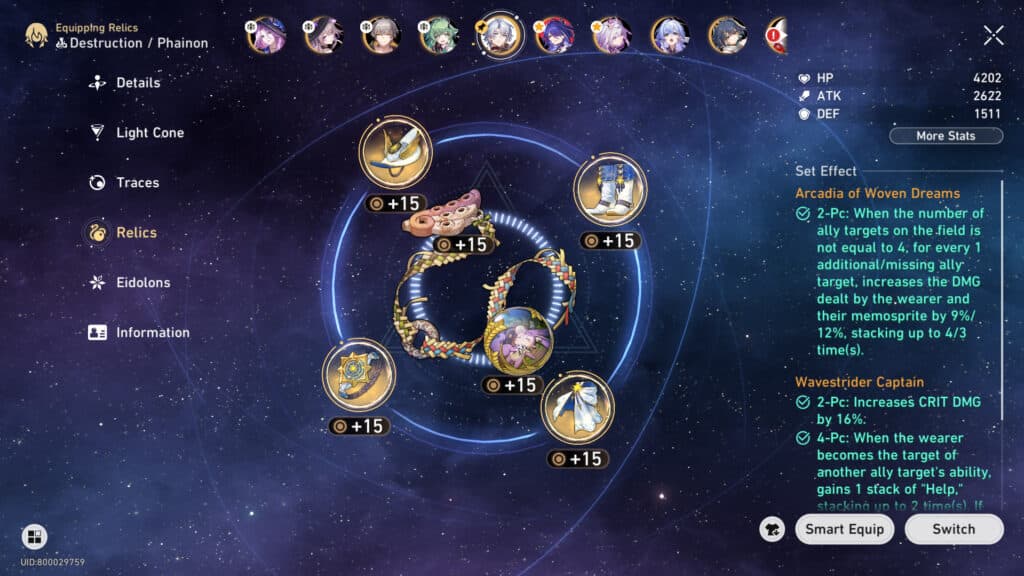 Phainon Relic and Planetary Set build (Screenshot via esports.gg)