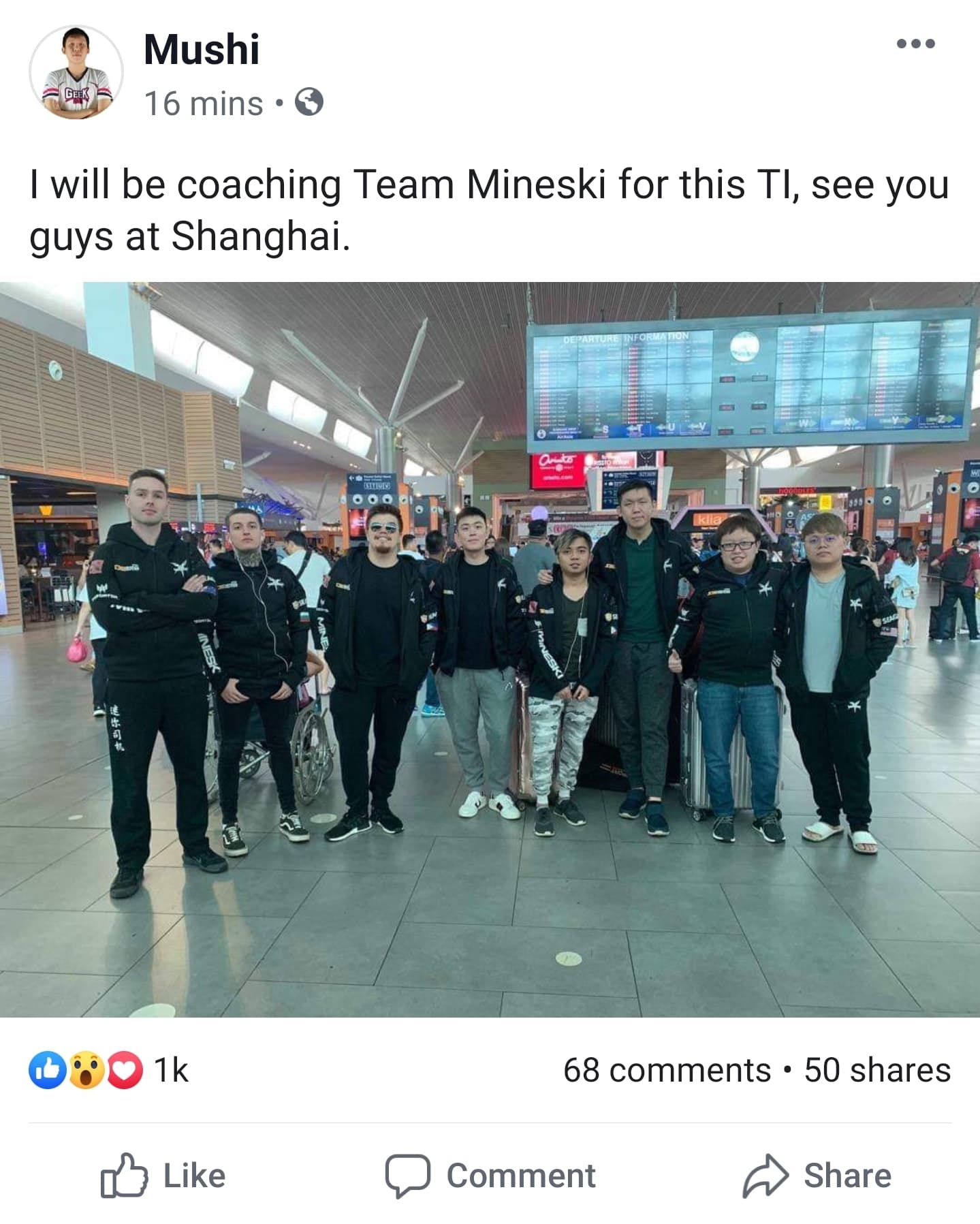 Mushi with the TI 9 Mineski Squad, image taken from Mushi's Facebook Page. This was his first coaching gig.