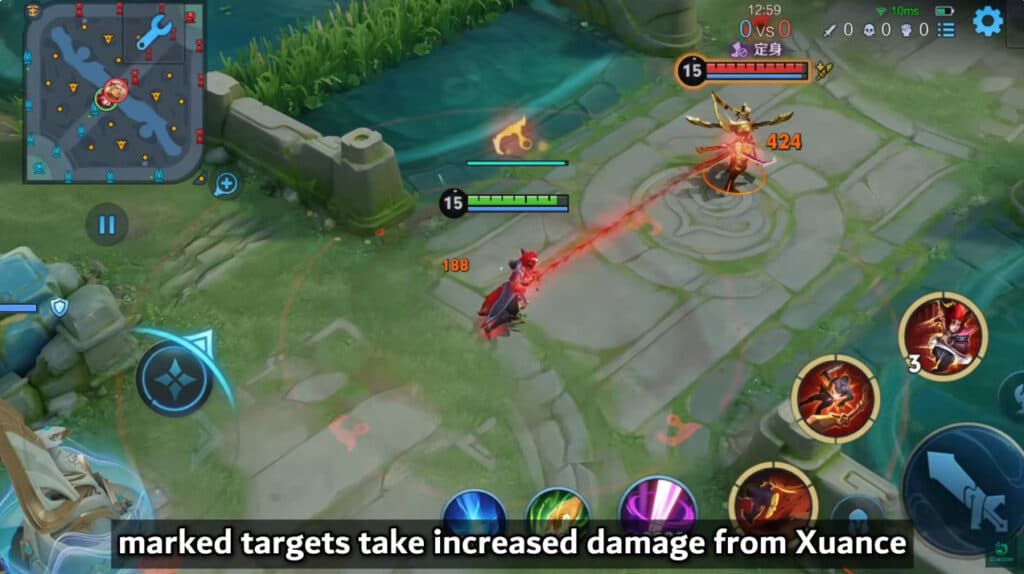 Xuance's Skill 2 allows him to charge a hook attack, dealing damage to enemies hit along the path and briefly freezing them (Image via Shadow HOK on YouTube)