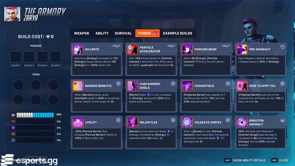 Zarya's Powers in the Armory (Screenshot via esports.gg)