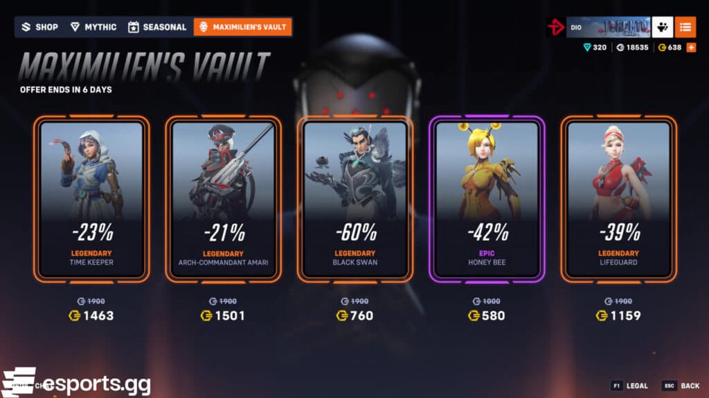 Maximilien’s Vault shop in Overwatch 2 (Screenshot via esports.gg)
