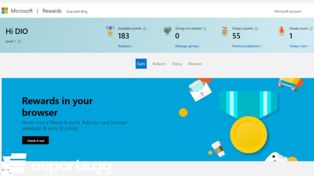 Microsoft Rewards page (Screenshot via esports.gg)