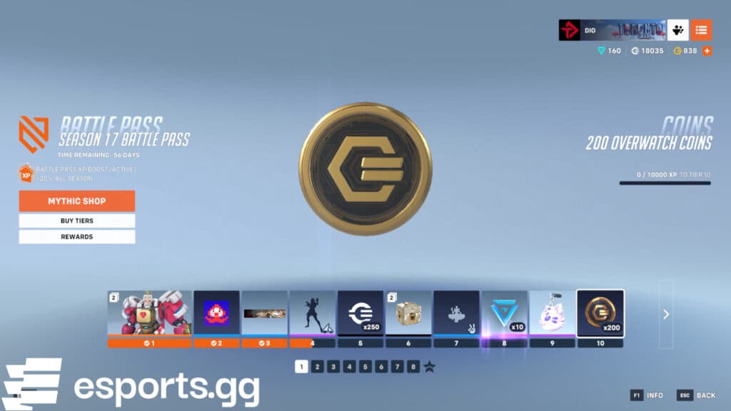 Overwatch Coins in the Season 17 Battle Pass (Screenshot via esports.gg)