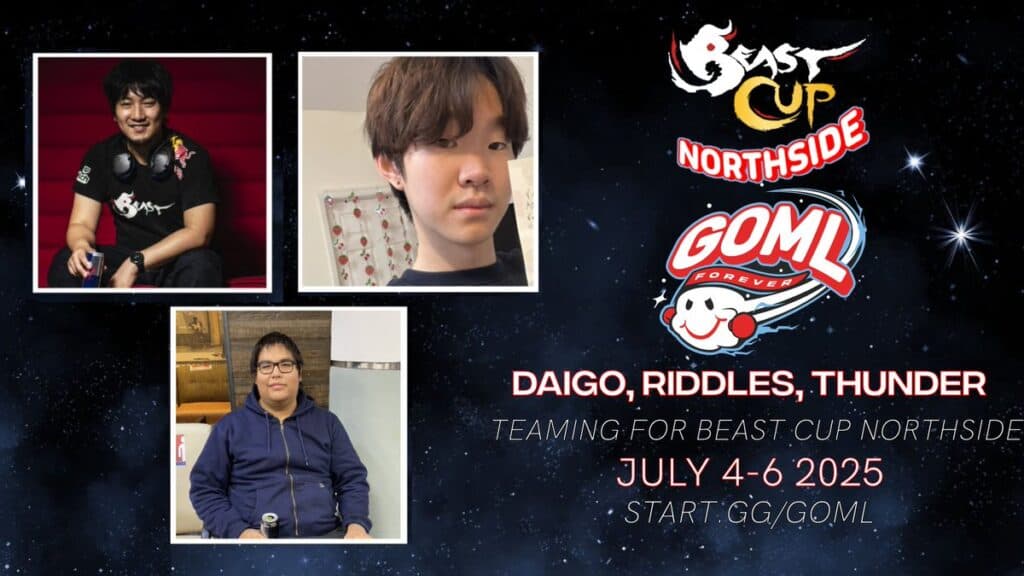 <a href="https://esports.gg/news/street-fighter-6/daigo-umehara-evo-2024-las-vegas-interview/" target="_blank" rel="noreferrer noopener">Daigo Umehara</a>, Michael "Riddles" Kim, and <a href="https://esports.gg/news/street-fighter-6/red-bull-kumite-canada-national-final-2024-interviews/" target="_blank" rel="noreferrer noopener">Thunder De Langis</a> will team up for the Beast Cup Northside tournament at GOML 2025 (Image via GOMLseries)