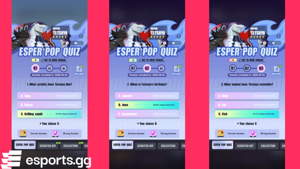 Dislyte Tetsuya quiz answers (Screenshot via esports.gg)