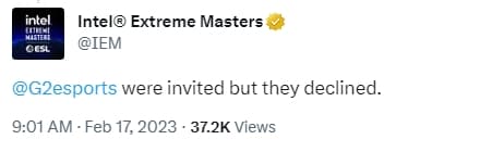ESL shared on Twitter that G2 Esports declined an invite.