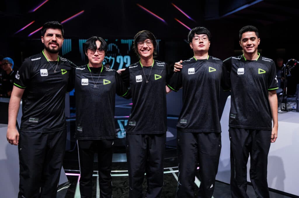 LOUD at Worlds 2023 following their first perfect series - image via Colin Young-Wolff/Riot Games