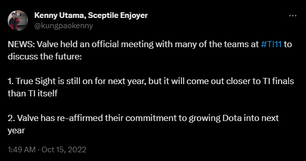 Insider info suggests that Valve plans to release TI11 True Sight closer to TI finals.<br>(Screenshot from <a href="https://twitter.com/kungpaokenny/status/1580979075774320640?ref_src=twsrc%5Etfw%7Ctwcamp%5Etweetembed%7Ctwterm%5E1580979075774320640%7Ctwgr%5E2b6c9ac7312be6d49415302076c8e76d89566d2b%7Ctwcon%5Es1_&ref_url=https%3A%2F%2Fafkgaming.com%2Fdota2%2Fnews%2Fsaberlights-tweet-of-a-mini-true-sight-shortly-after-ti-sparks-curiosity" target="_blank" rel="noreferrer noopener nofollow">Twitter/X</a>)