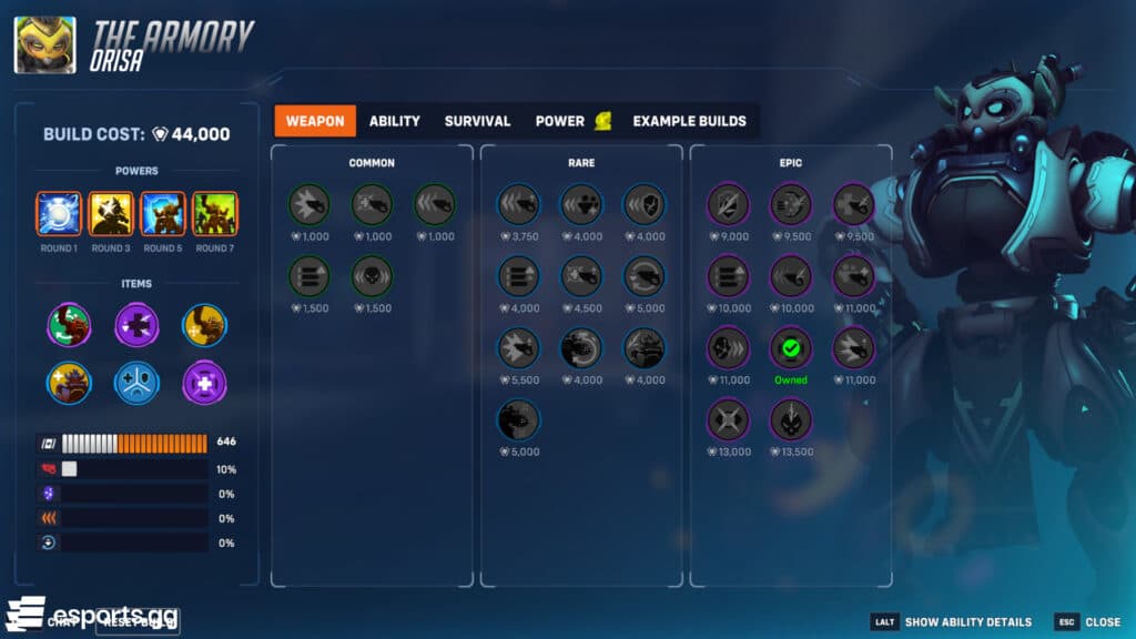 Orisa tank build in the Stadium mode (Screenshot by esports.gg)