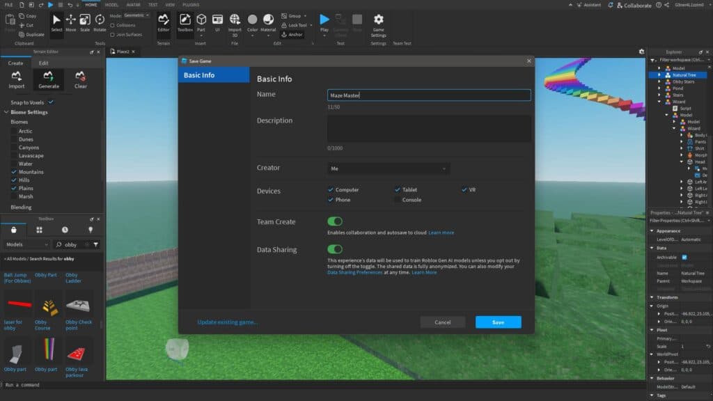Saving a Roblox game. (Screenshot via esports.gg)
