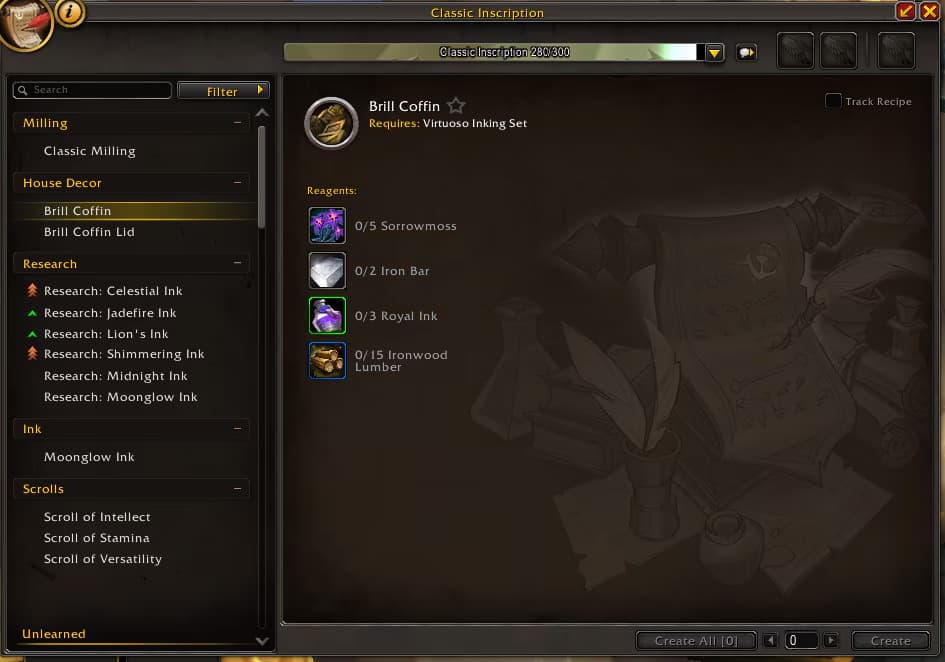 WoW housing reagents for the Brill Coffin (Image via Blizzard Entertainment)