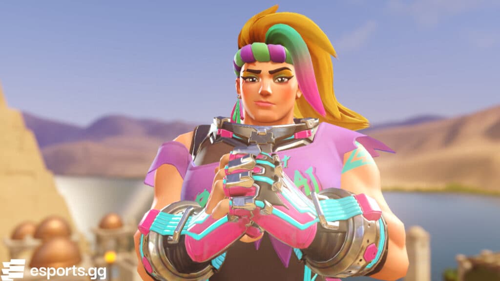 Zarya in her Totally 80's skin in Overwatch 2 (Screenshot via esports.gg)