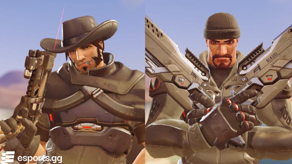 Cassidy and Reaper in their Blackwatch outfits in Overwatch 2 (Screenshots via esports.gg)