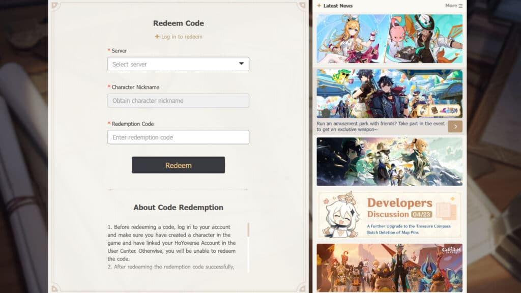 How to redeem codes on the HoYoverse official page (Screenshot by esports.gg)