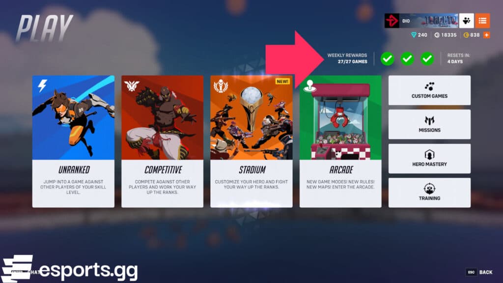 Weekly loot box rewards in Overwatch 2 (Screenshot via esports.gg)