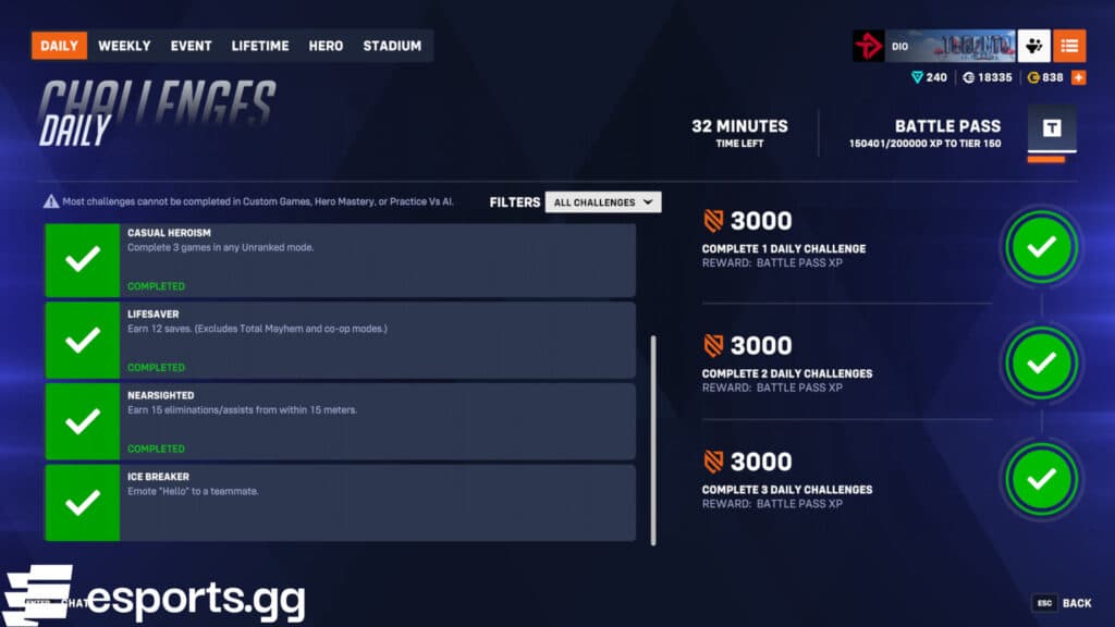Some of Overwatch 2's daily challenges (Screenshot via esports.gg)