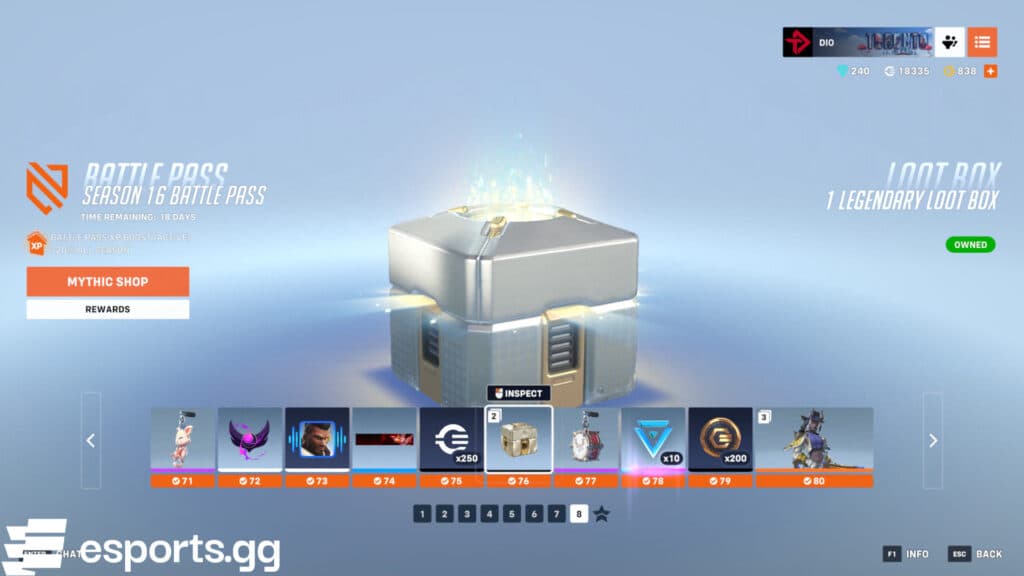 Legendary loot boxes can be earned through the seasonal Overwatch 2 Battle Pass (Screenshot via esports.gg)