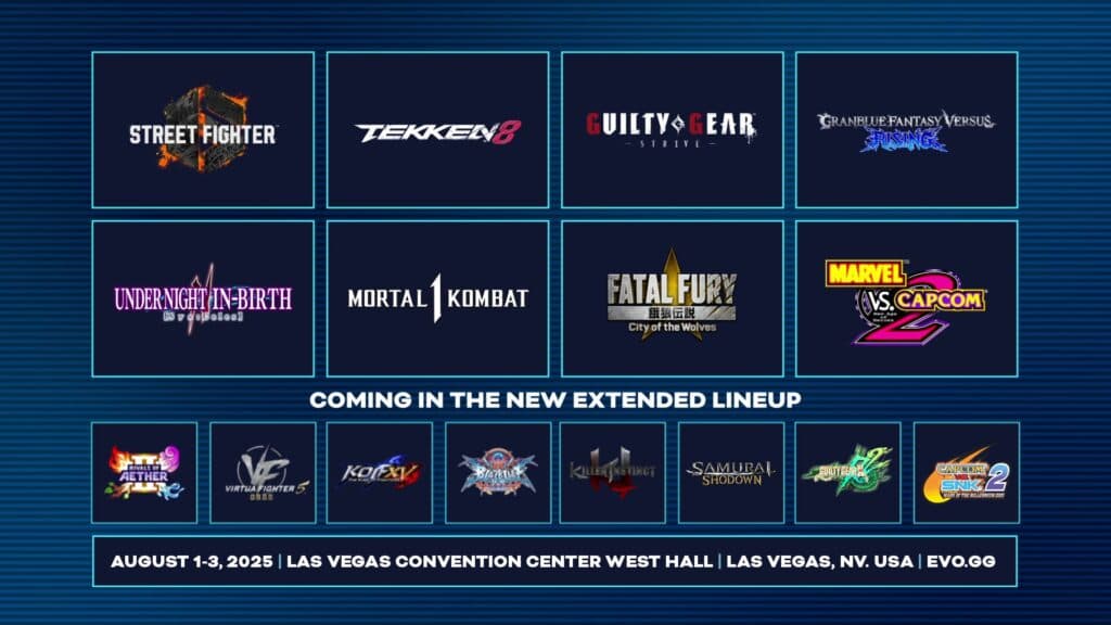 The full Evo 2025 lineup (Image via Evo)